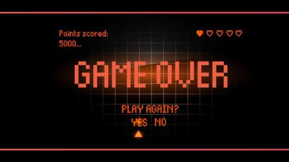 Retro game graphics saying 'Game Over' and 'Play Again? Yes / No