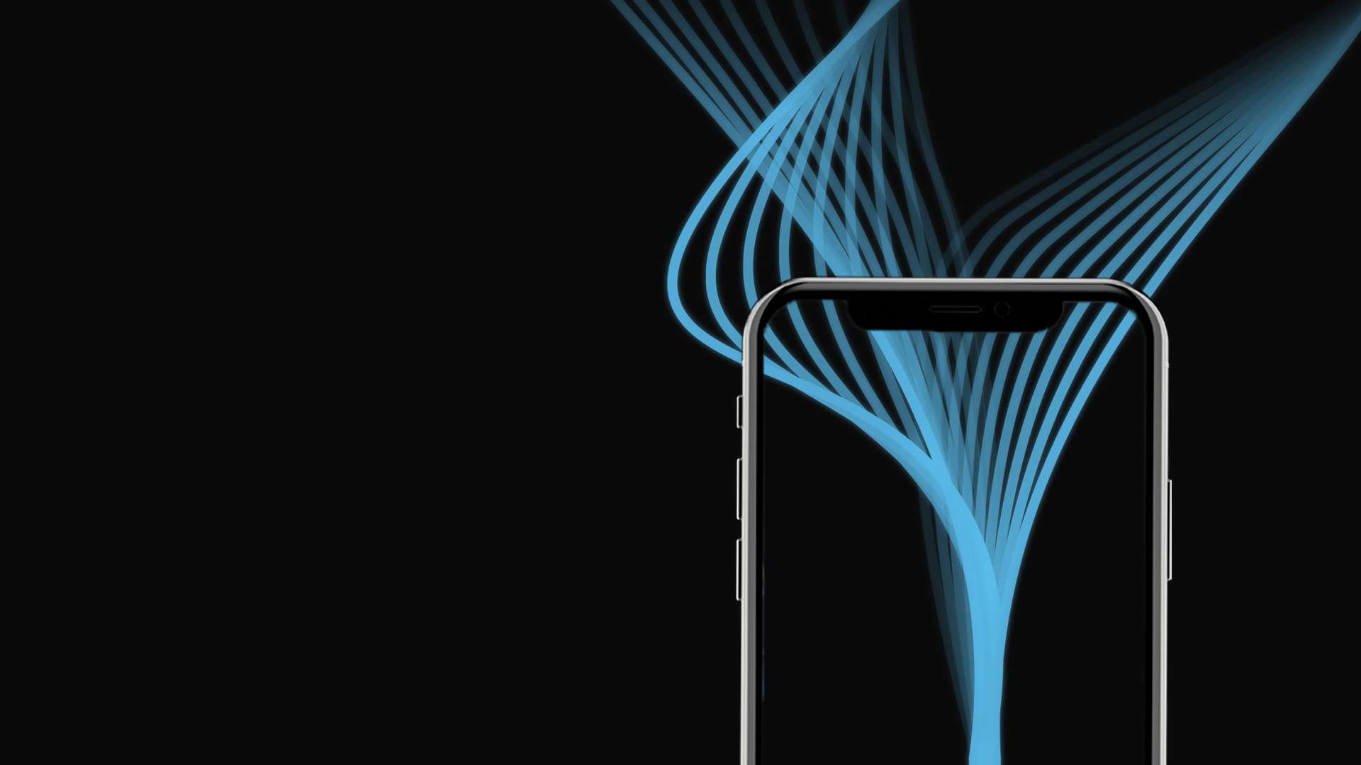 Blue lines coming out the top of a phone against a black background