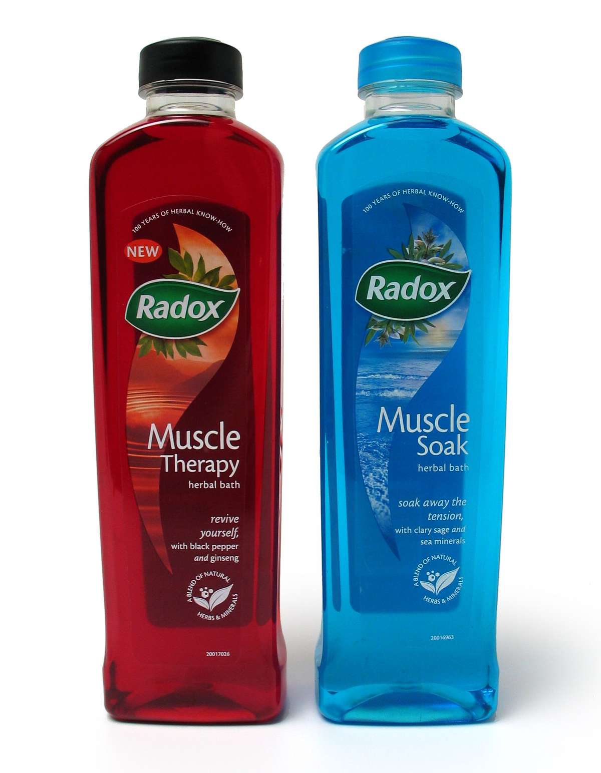 Red and blue Radox shower gel bottles