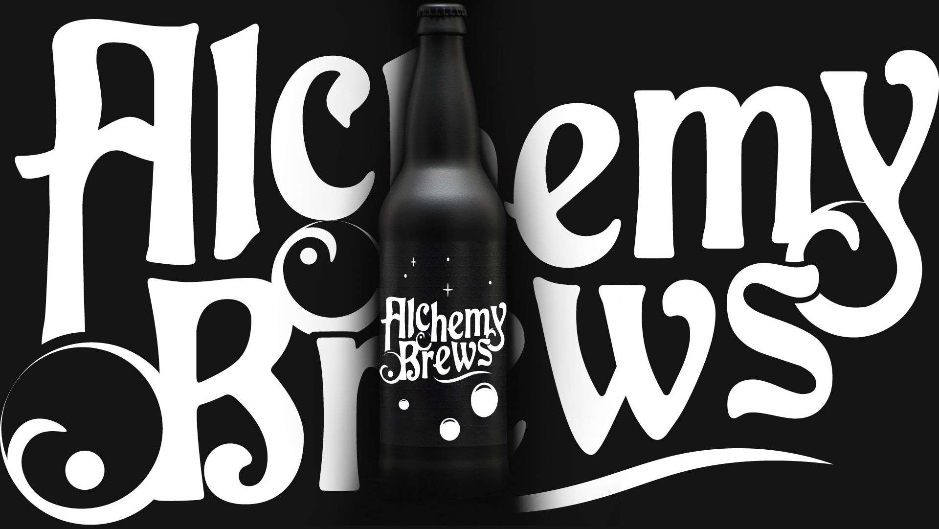 Alchemy Brews = Bottle and logo in background