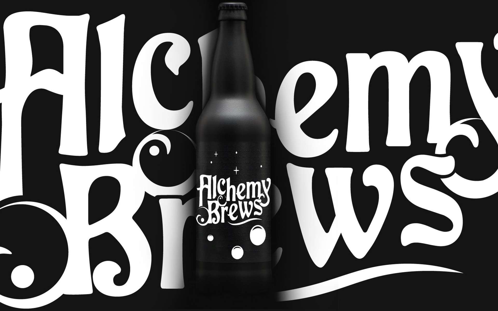 Alchemy Brews = Bottle and logo in background