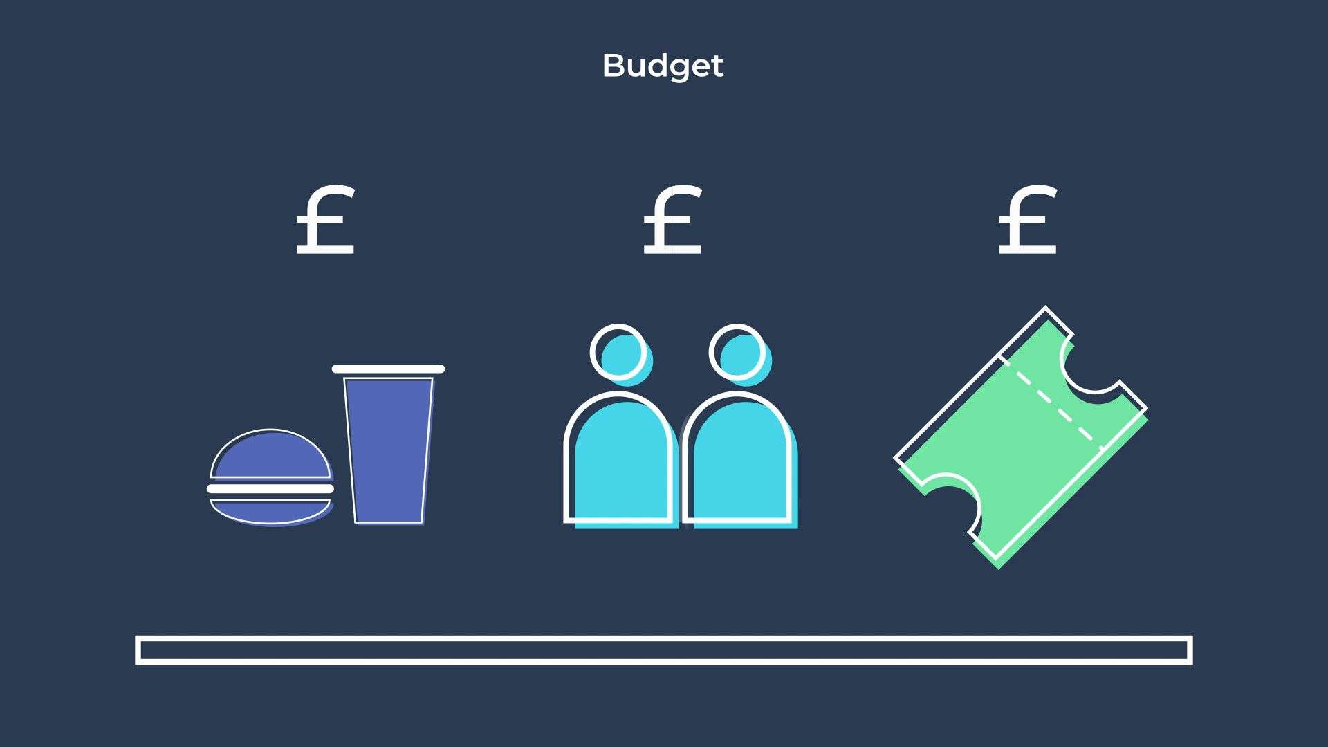 Illustration of food, people, and tickets for some items to consider for an event planning budget 