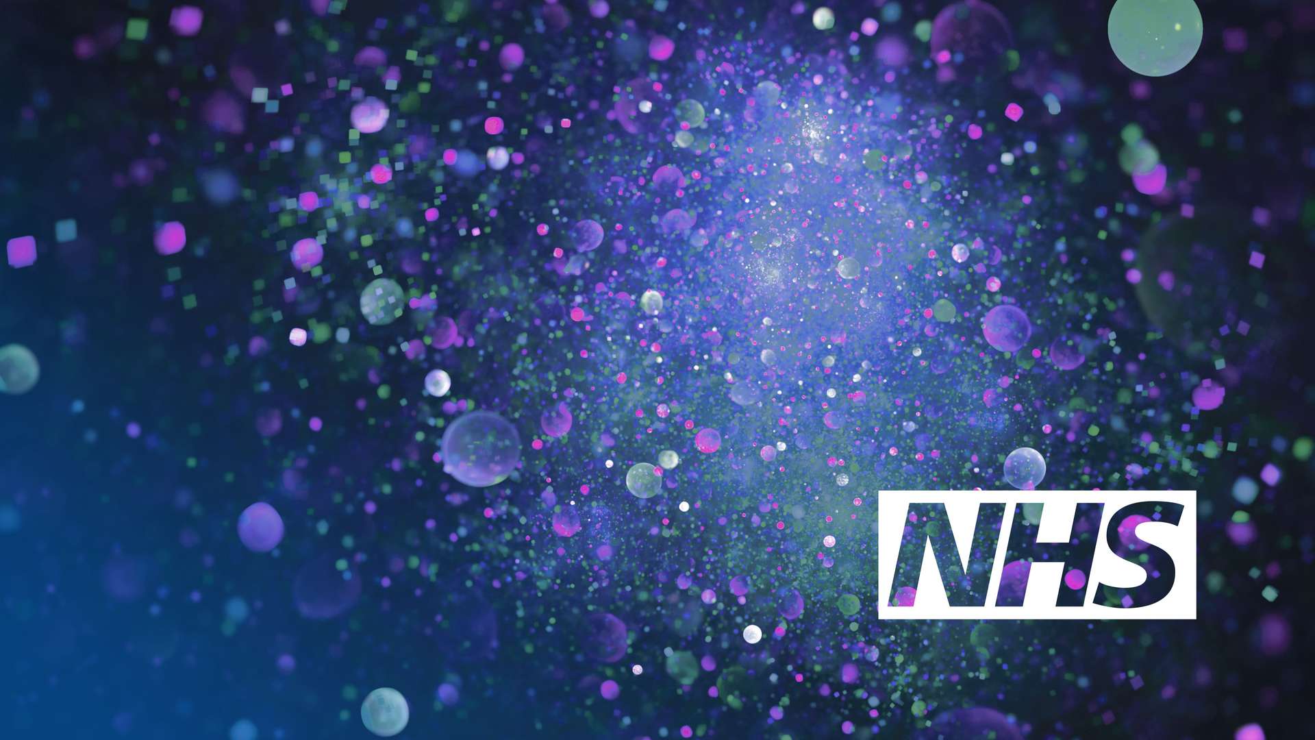 NHS logo over a blue and purple sparkling background