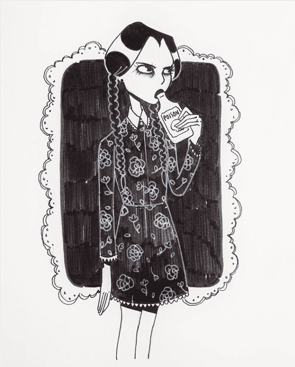 Ink drawing of Wednesday Adams for Inktober