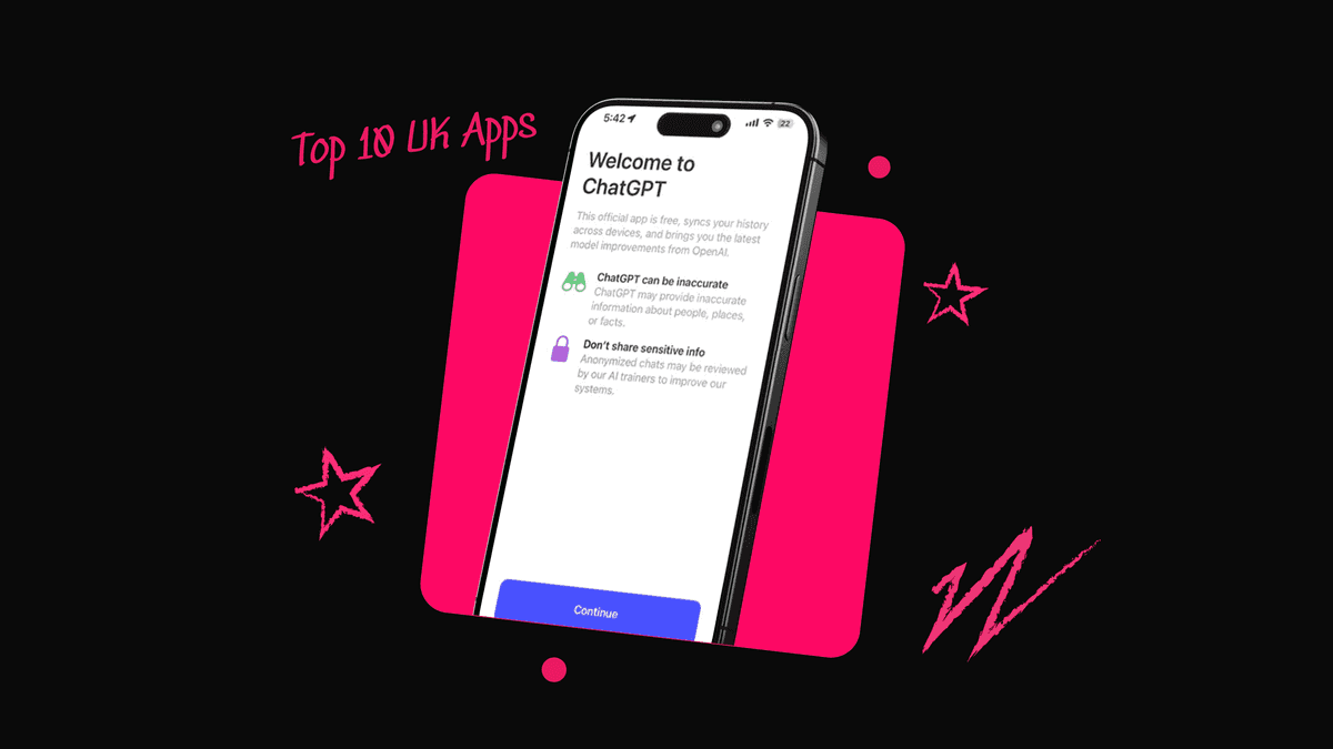 A phone coming out of a pink square with 'Welcome to ChatGPT' on the screen. The text next to it says Top 10 UK Apps